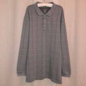 Van Heusen 4XL Gray Cotton Blend Plaid Long Sleeve Three Button Polo Pullover